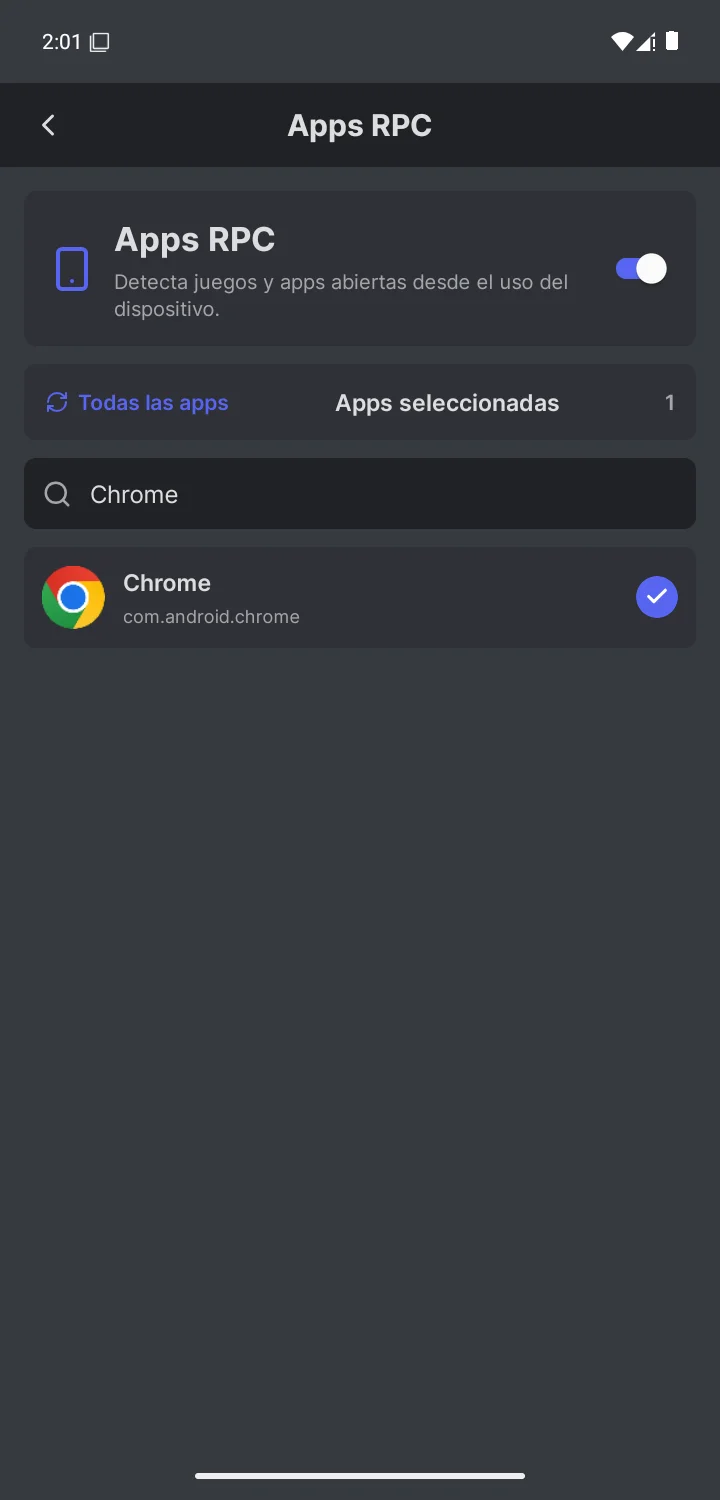 Selector de Apps RPC con Chrome seleccionado por el usuario
