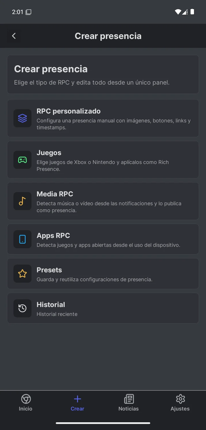 Pantalla Crear de PresenceX con RPC personalizado, juegos, Media RPC y Apps RPC