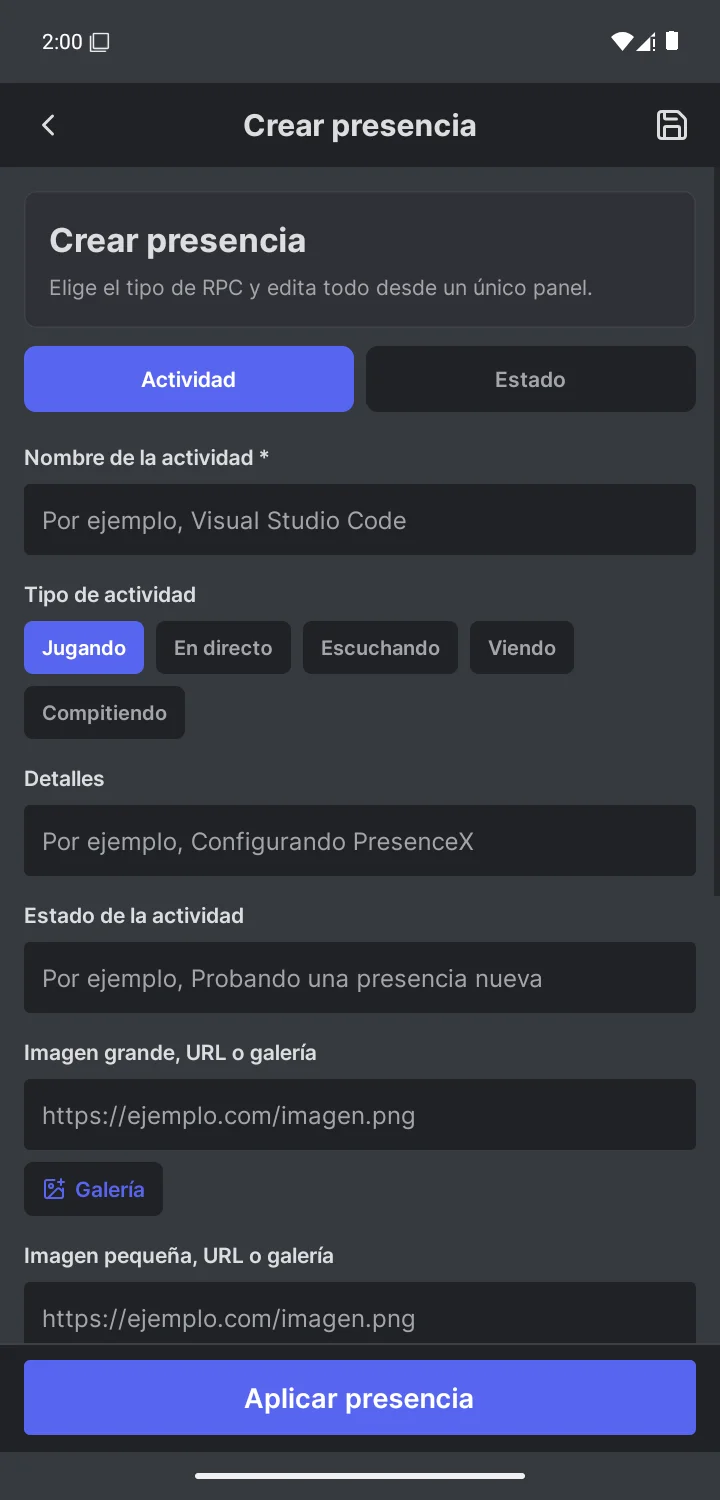 Editor real de PresenceX con nombre, tipo de actividad, detalles e imágenes