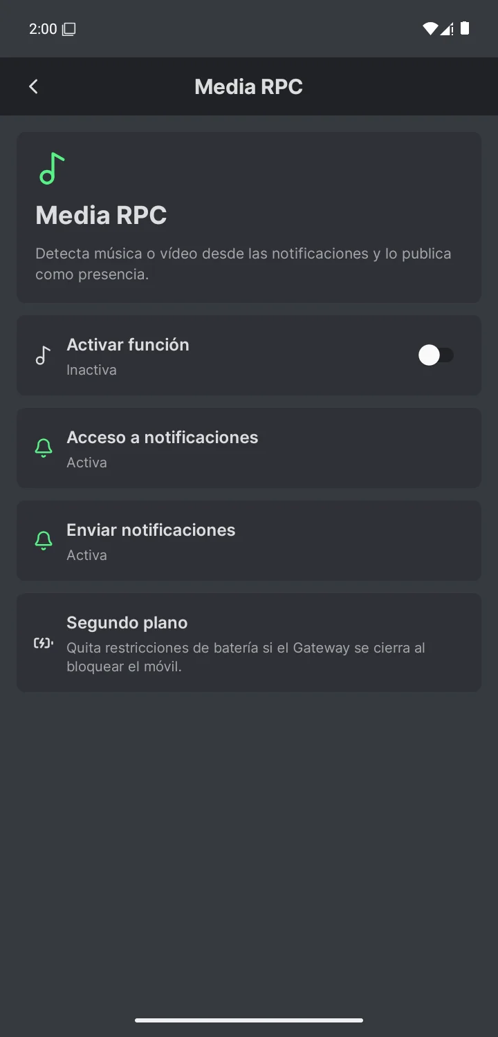 Panel de Media RPC con permisos y control para activar la función